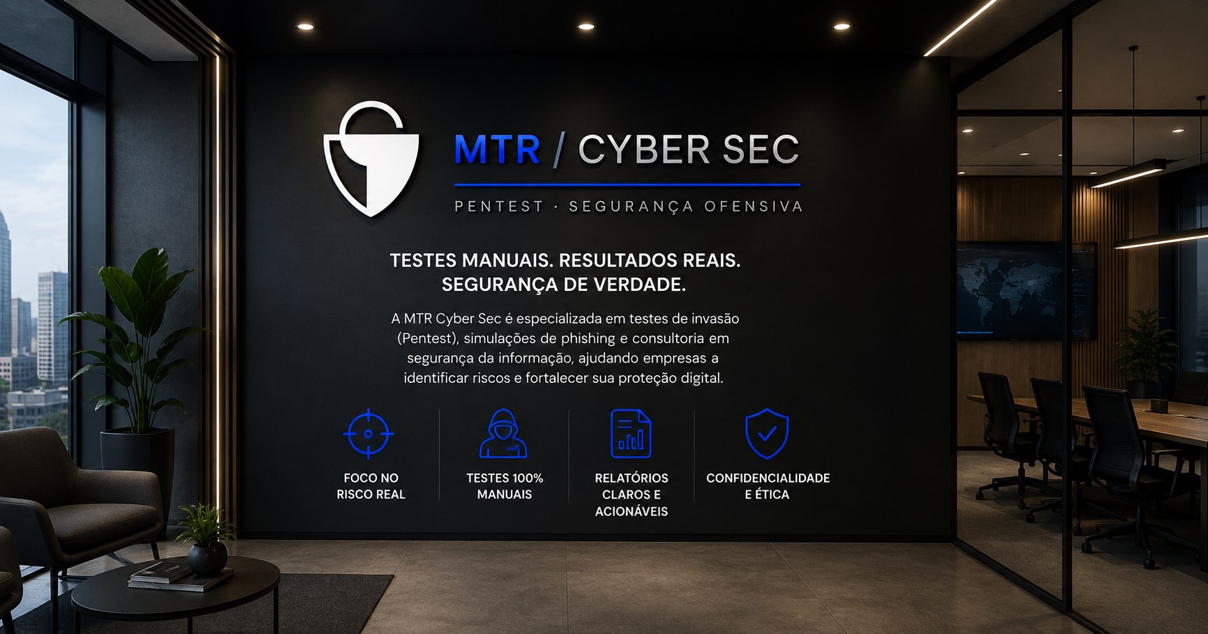 Recepción de MTR Cyber Sec, con la identidad de la empresa aplicada en una pared oscura y una sala de reuniones al fondo